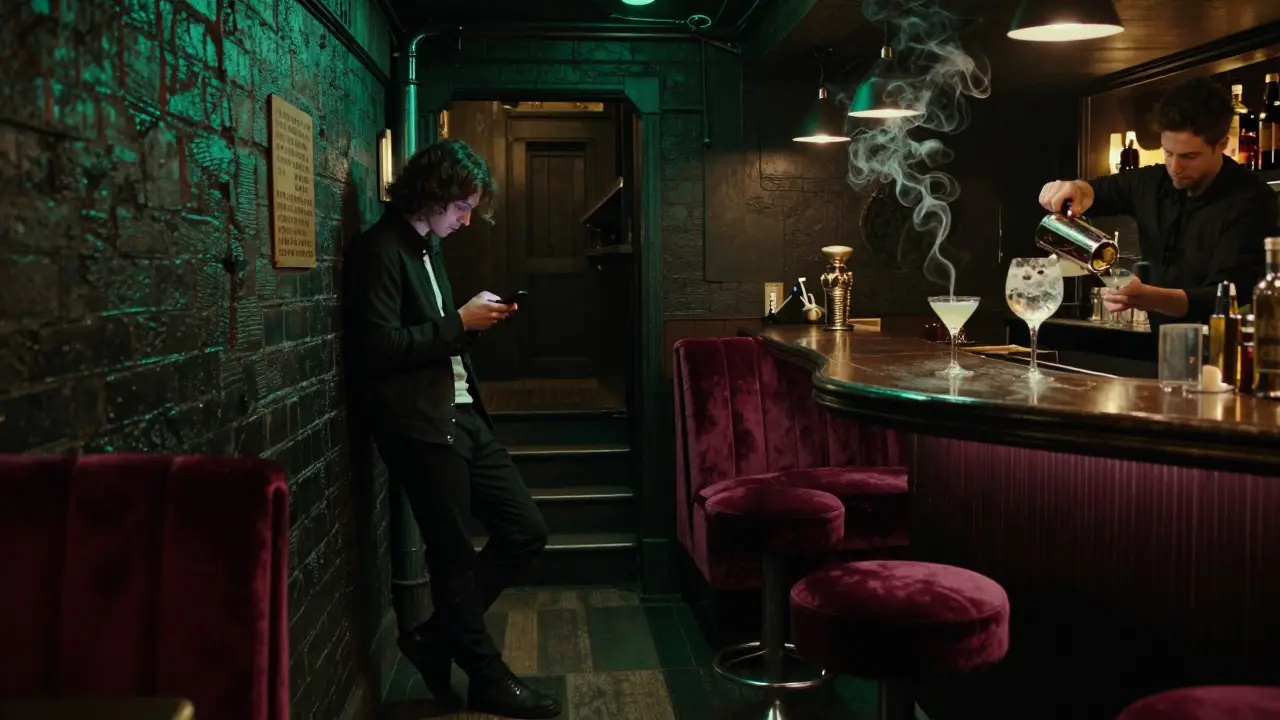 A mysterious speakeasy entrance at night, with someone texting for access to a hidden jazz bar below.