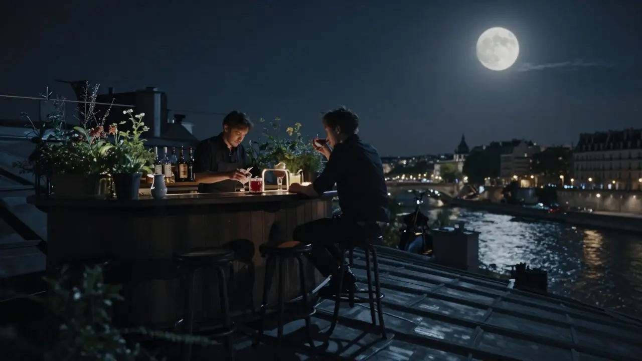 A nameless rooftop bar in Paris at night, a bartender mixing drinks under moonlight, distant jazz music vibrating from below.