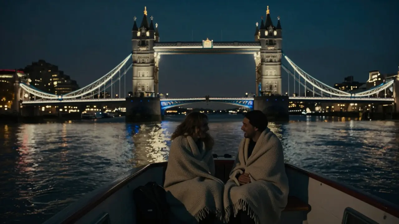 A private boat on the Thames at night, passing Tower Bridge with lights reflecting on the water.