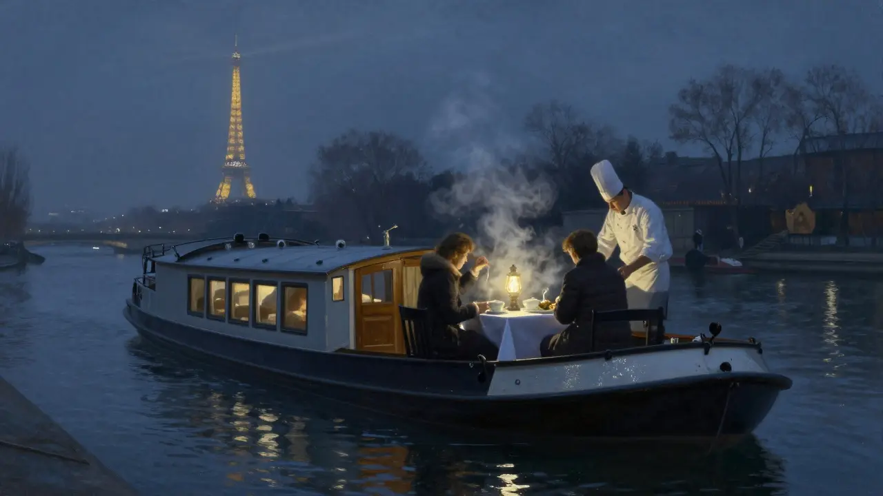 A private dinner on a quiet Seine river barge at night, soft lantern light and distant Eiffel Tower glow.