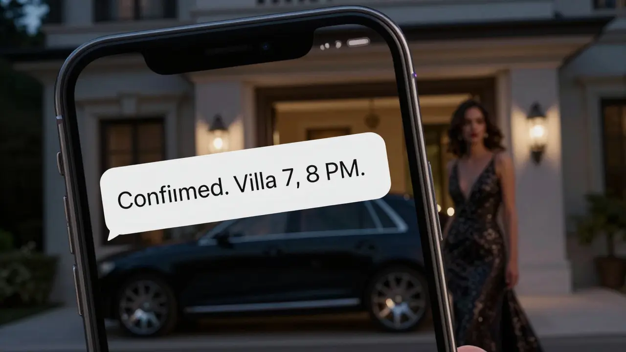 A private meeting arranged through encrypted messaging, with a woman arriving at a gated villa at night.