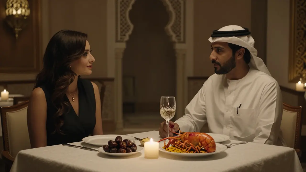 A refined couple dines in private at Al Maha Restaurant, candlelight illuminating gourmet Gulf fusion dishes on a quiet table.