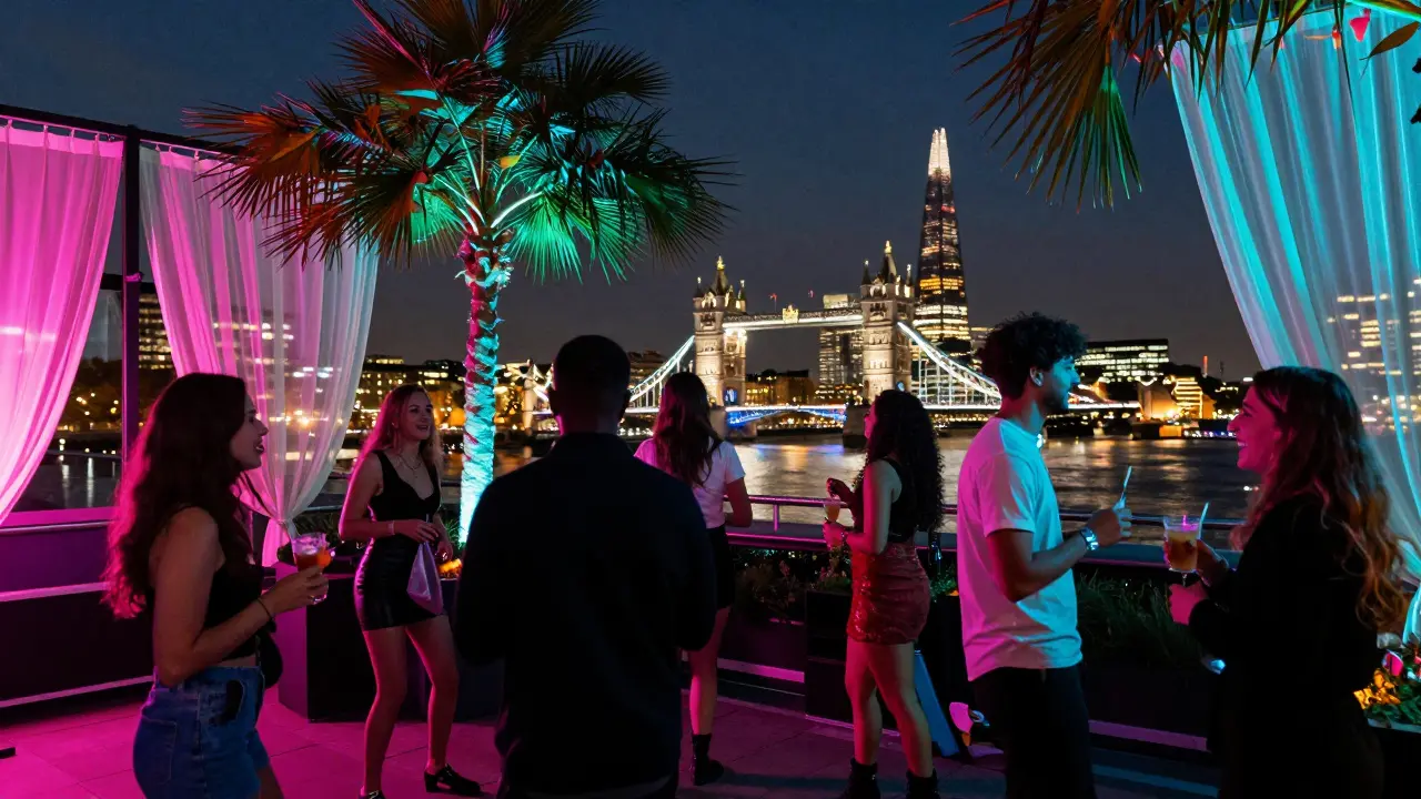 A rooftop party in London with neon palm trees and a glowing city skyline.