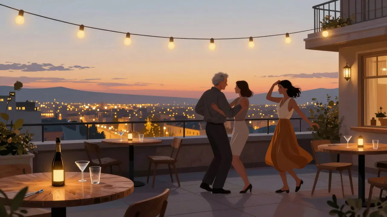 A rooftop terrace at dawn with people dancing under string lights, city lights fading as sunrise begins, a bottle of Lambrusco on a table.
