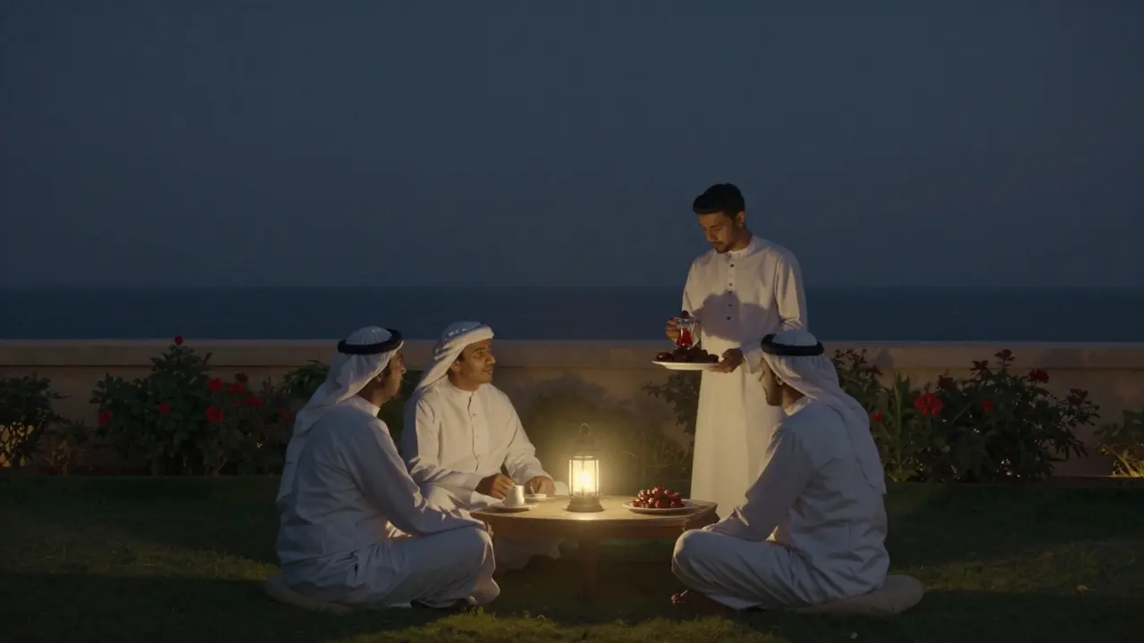 A serene midnight garden behind Emirates Palace with guests sharing tea under a single lantern.