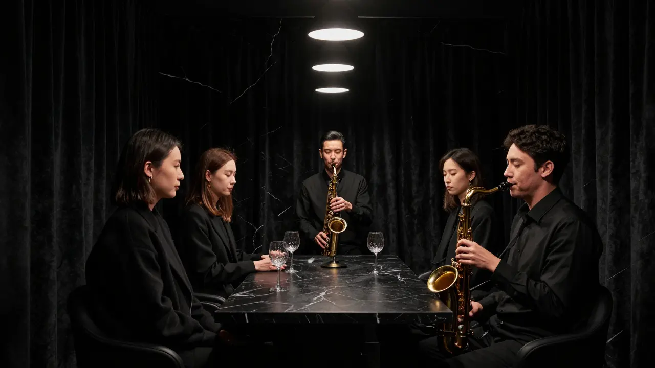 A sleek black room where four guests sit in silence as a saxophonist plays a haunting melody under dim pendant lights.
