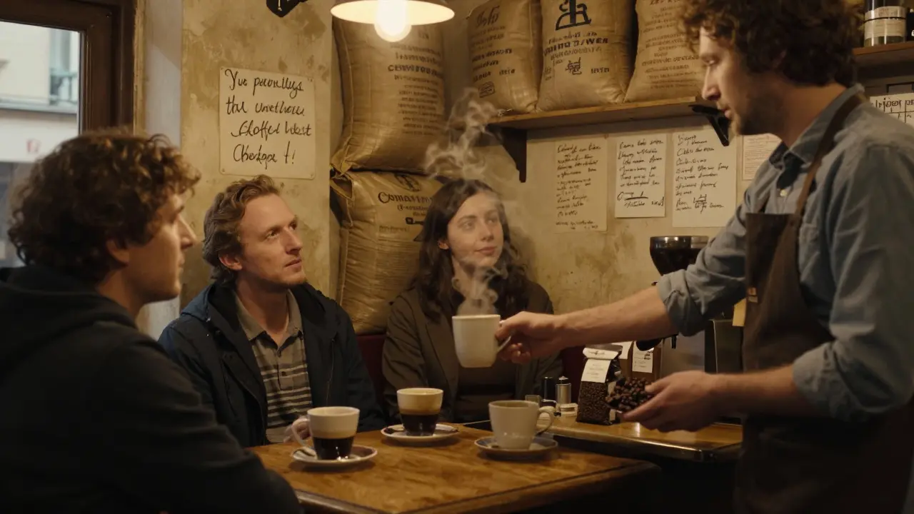 A tiny Parisian café where a barista hands coffee beans to a customer, locals waiting quietly with mugs, no signs or tourists.