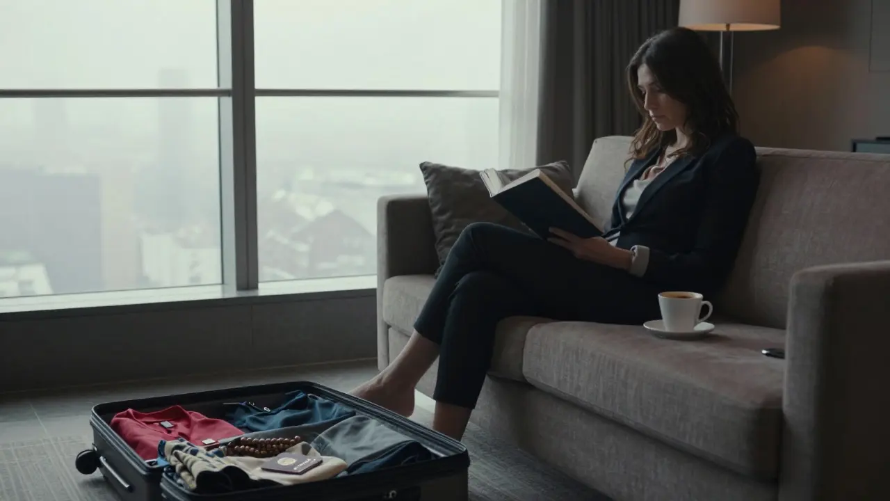 A woman alone in a luxury hotel suite at dawn, reading, with a suitcase open showing a different name on her passport.