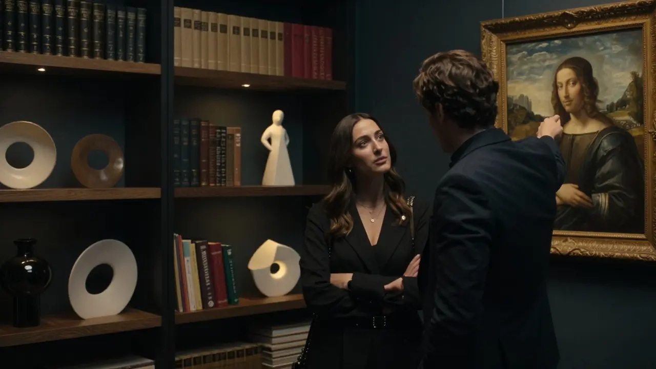 A woman listening attentively to a man in a private art gallery, no physical contact.