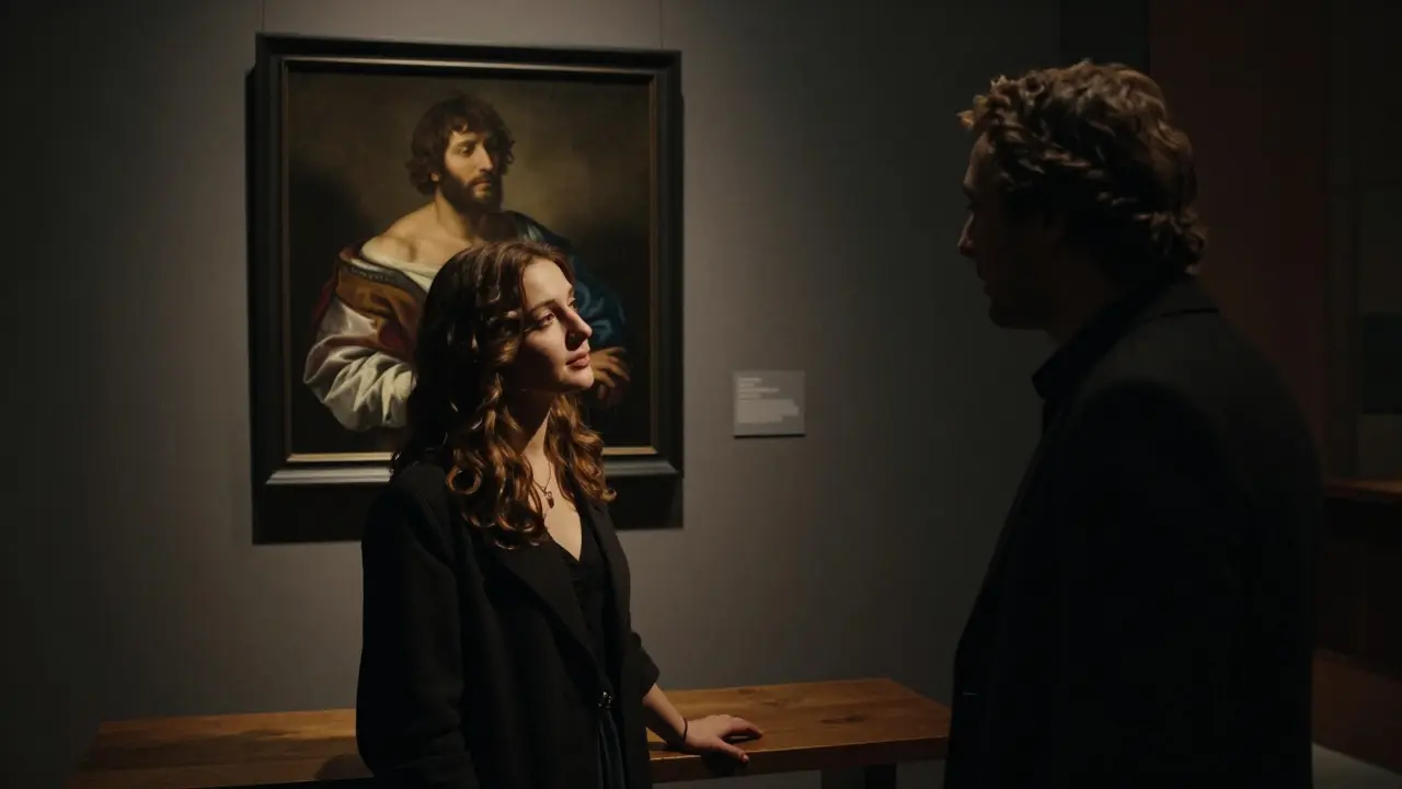 A woman listening intently beside a Caravaggio painting in Brera Gallery, sharing a silent, meaningful moment.