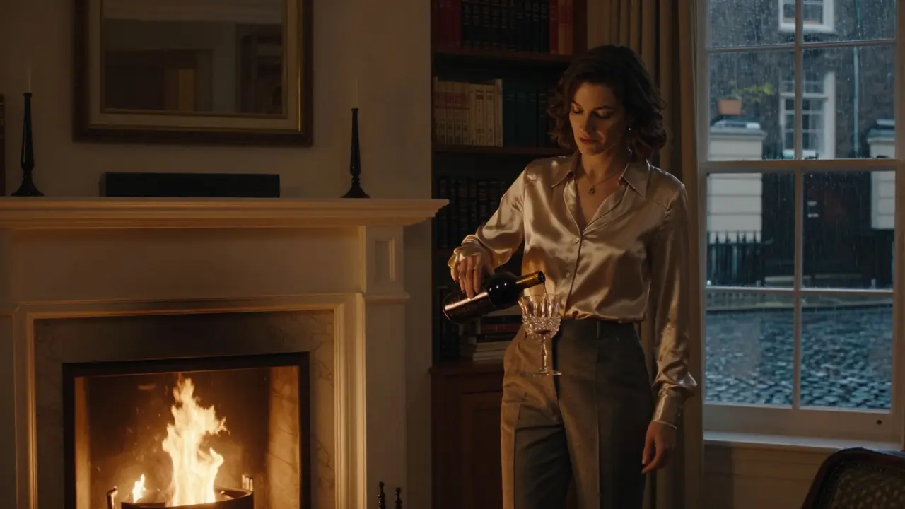 A woman pours wine by a fireplace in a Belgravia townhouse, shelves of books behind her, twilight light filtering through the window.