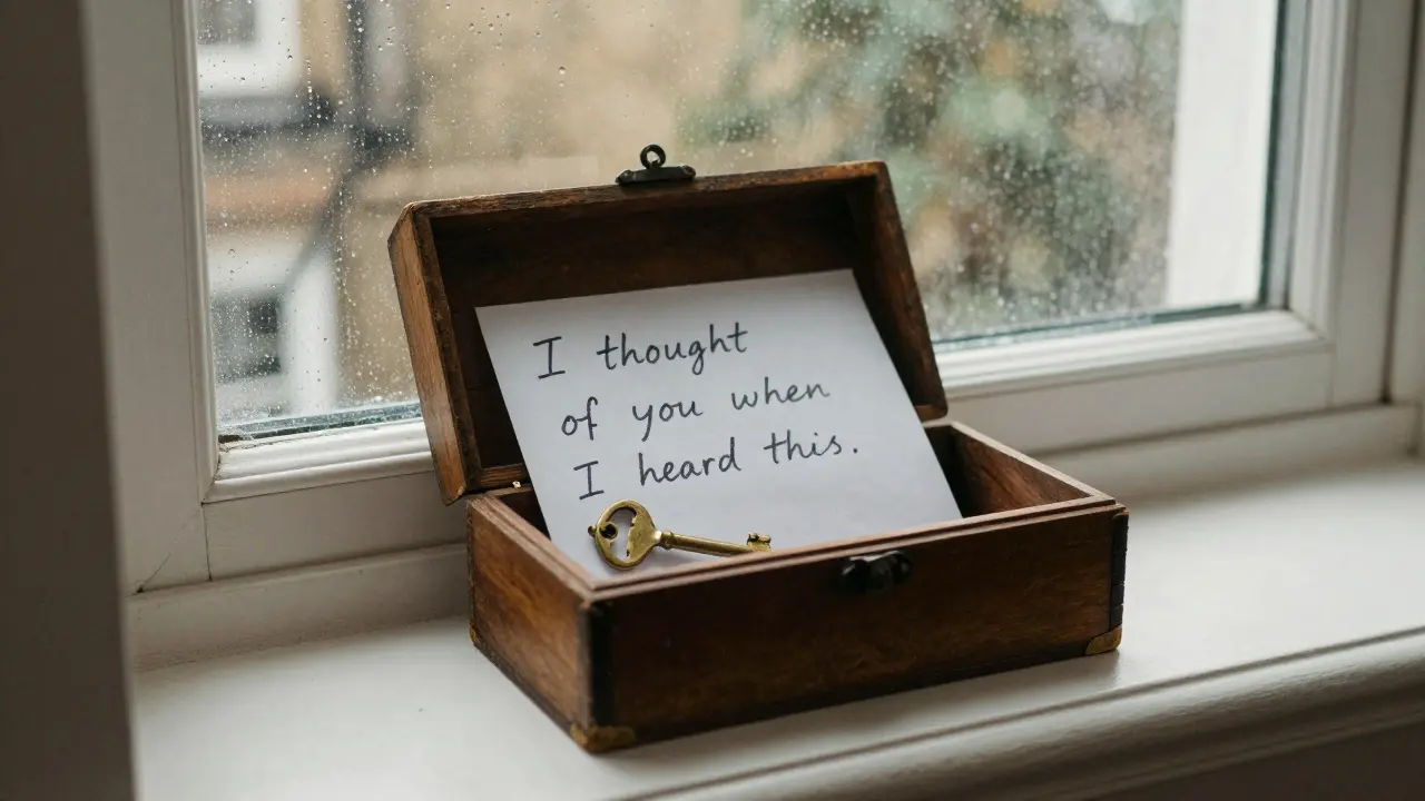 A wooden box with a single key on a windowsill at dawn, rain tapping the glass.