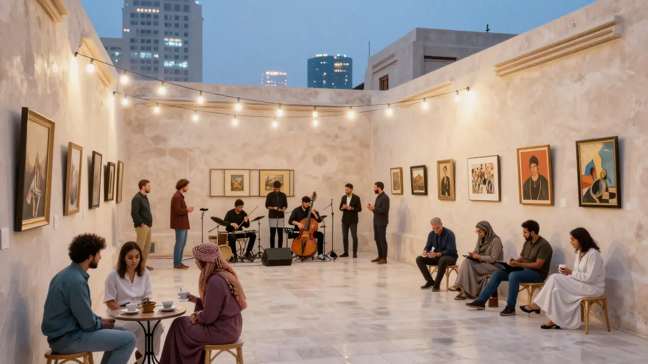 Alserkal Avenue courtyard with jazz band and art displays at night.