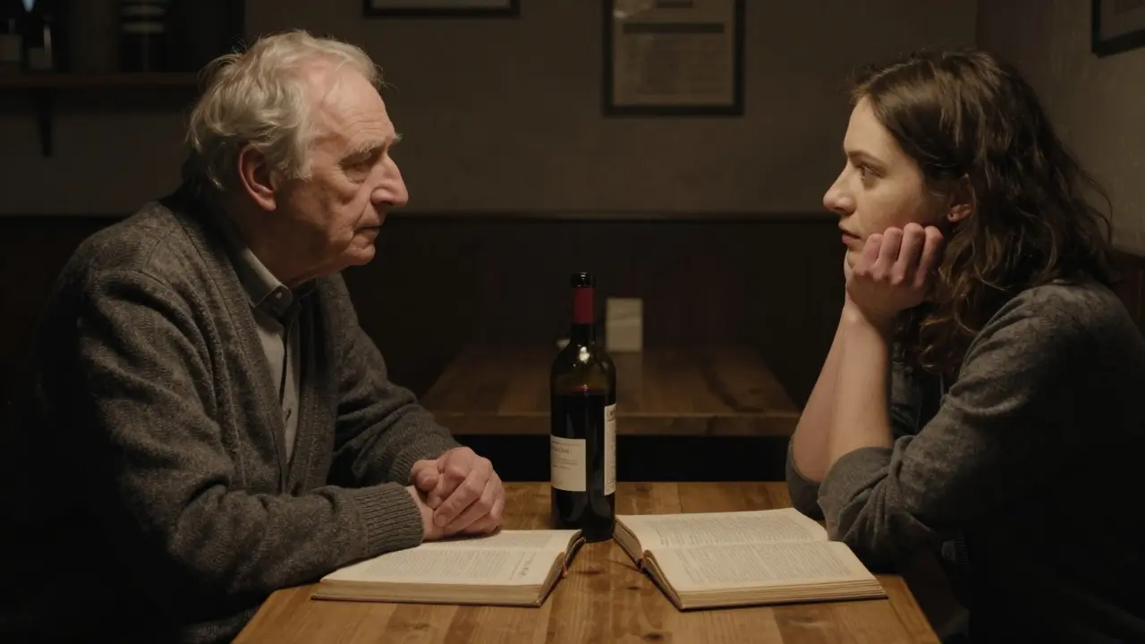 An elderly man and young woman share a quiet moment over wine and poetry in a dim Berlin basement café.