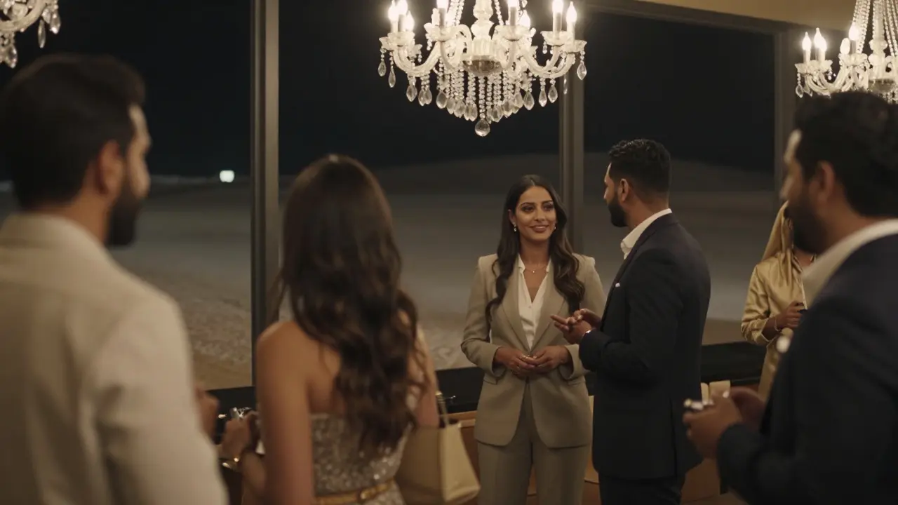 An elegant social gathering at an exclusive Abu Dhabi members-only club, with subtle companionship in the background.