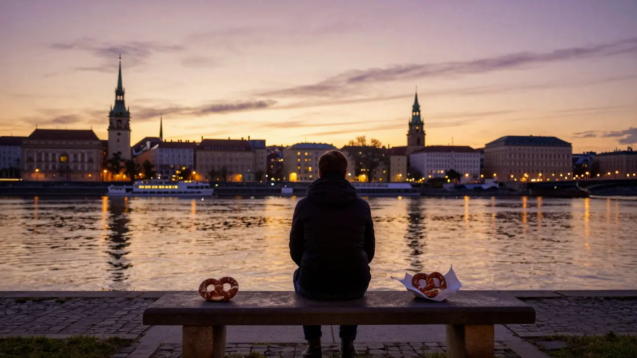 An empty bench by the Spree River at dusk holds a warm pretzel, symbolizing a quiet human connection.