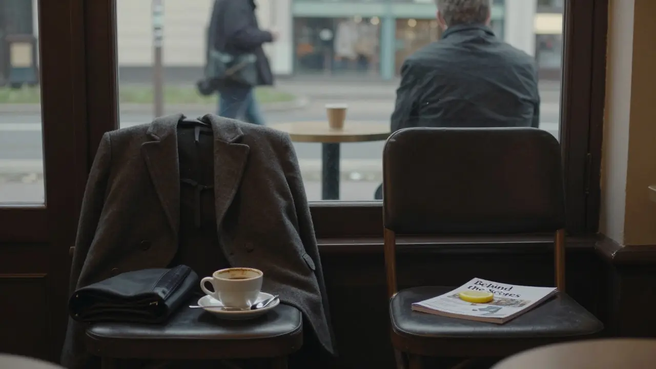 An empty Berlin café with a zine and lemon slice left on a table, afternoon light streaming in.