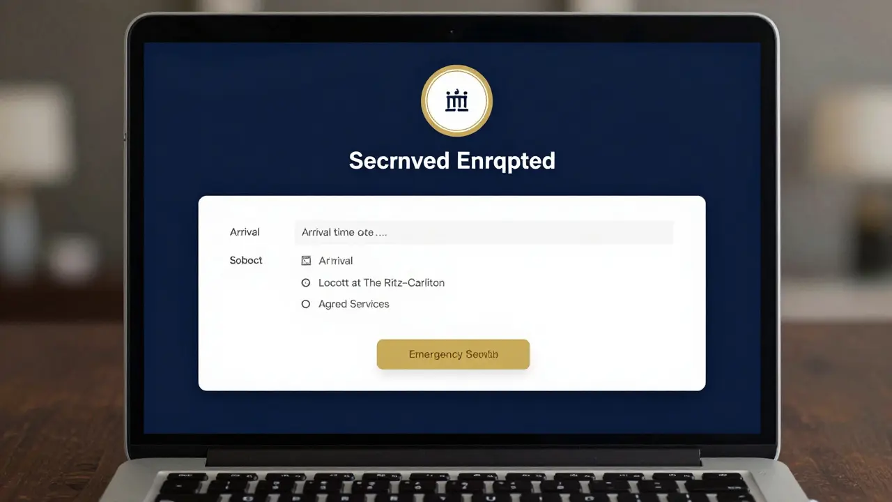 An encrypted confirmation email from a verified Abu Dhabi agency displays arrival time, location, and emergency contact details.