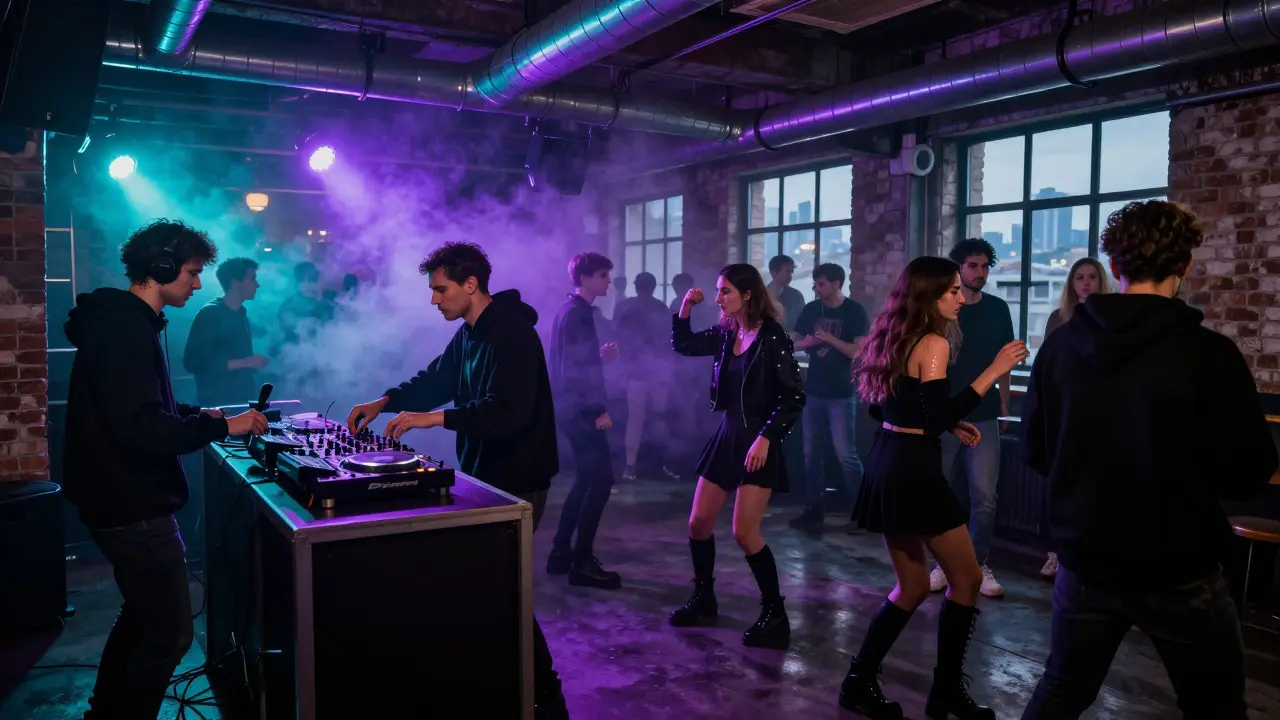 An underground club in Porta Venezia at night with industrial decor, dancers moving to techno under pulsing colored lights.