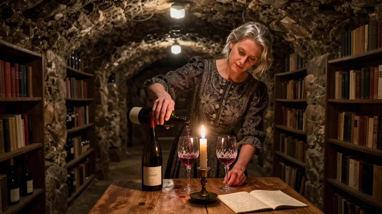 An underground wine cellar where a sommelier pours rare vintages by candlelight among ancient stone walls and handwritten notes.