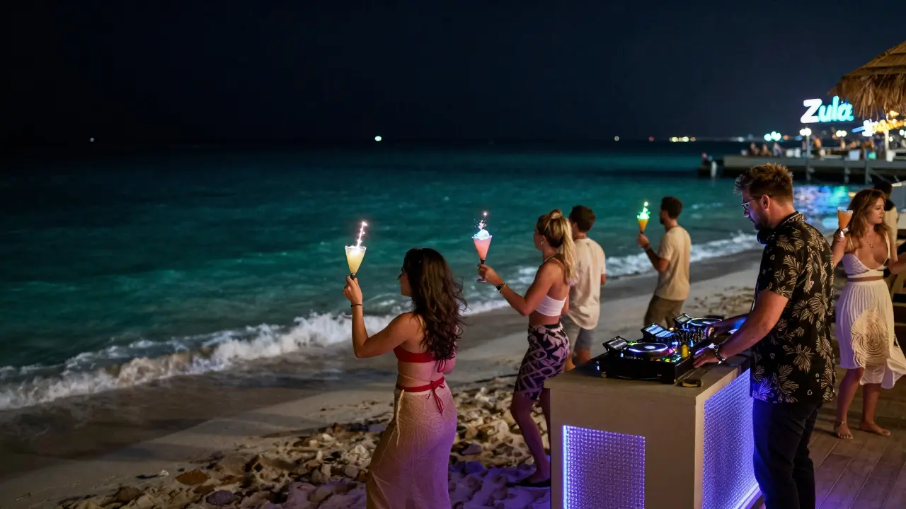 Beach club scene with turquoise waters, ambient lighting, and DJ performing under night sky