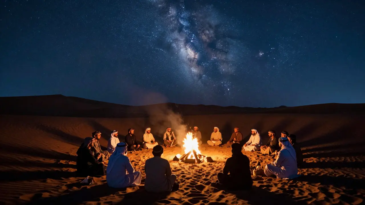 Bonfire in desert reserve with Bedouin storyteller and starry night sky.