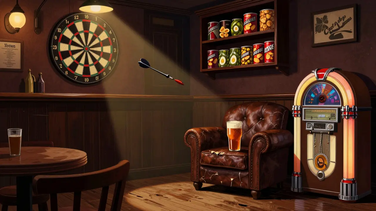 British-style pub with dartboard, cask ale, and 90s Britpop jukebox in dim lighting.