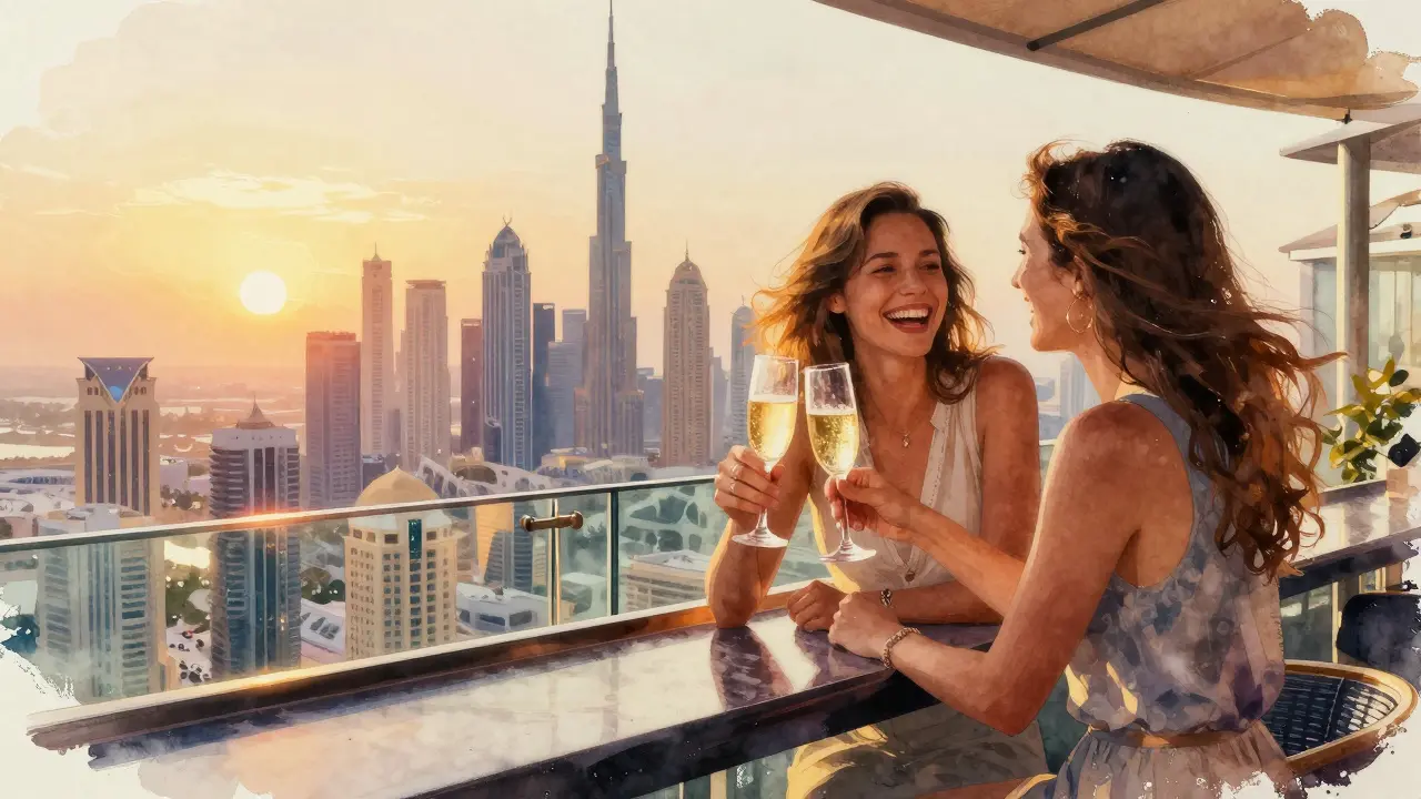Couple at Skyview Bar overlooking Dubai skyline at sunset.