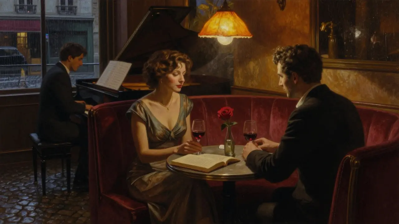 Couples in a dim jazz club listening to piano music, wine and poetry on the table, rain outside window.