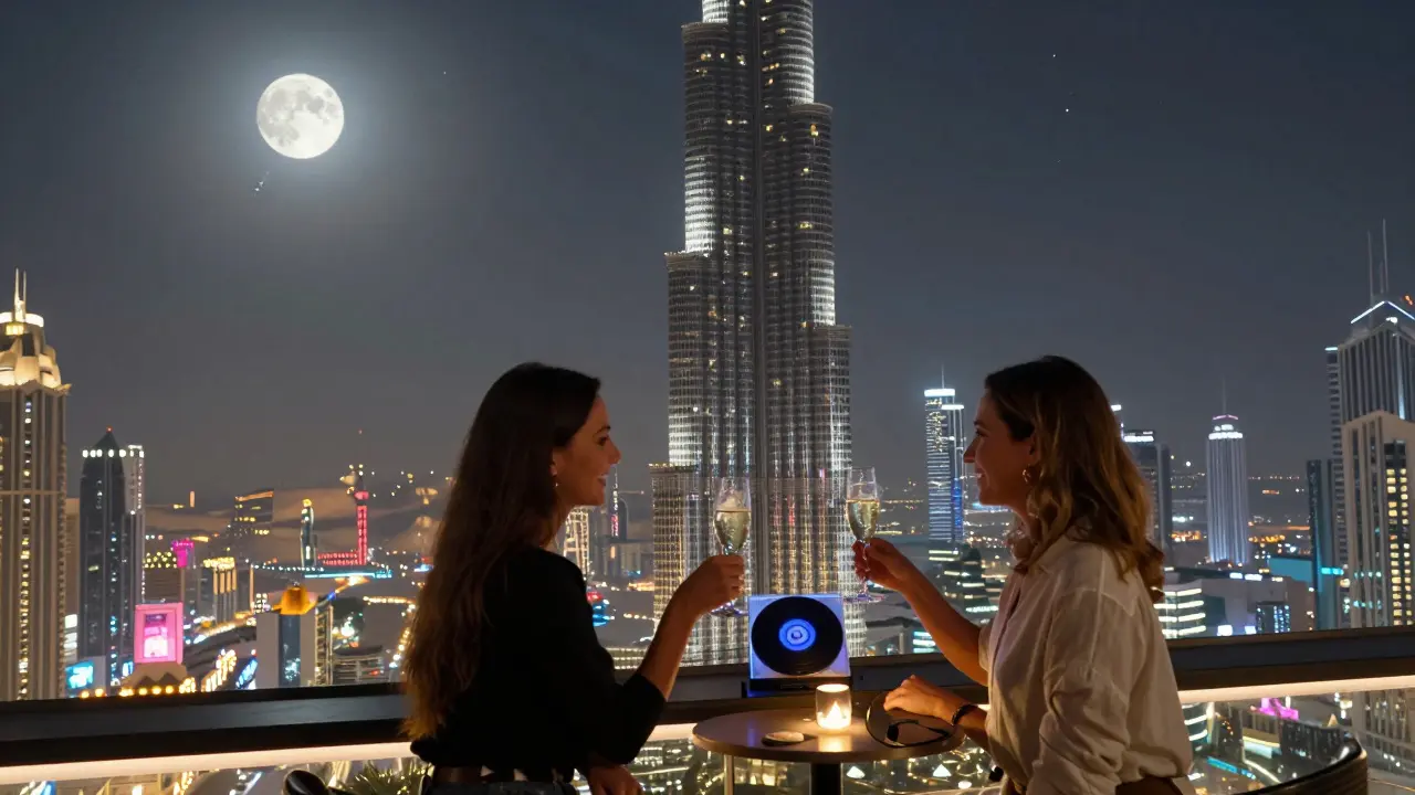 Couples on a rooftop bar watching the Burj Khalifa glow against a starry night sky.