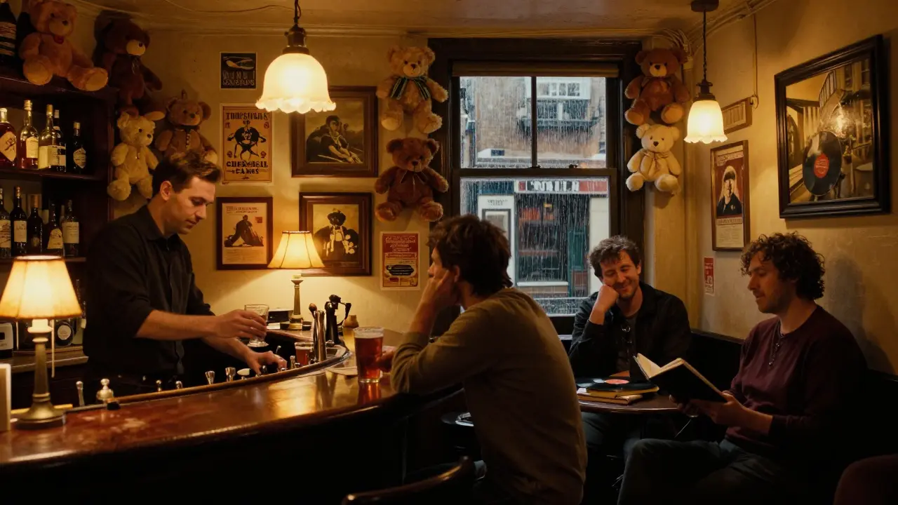 Cozy pub interior filled with teddy bears and vintage decor, patrons laughing over pints at night.