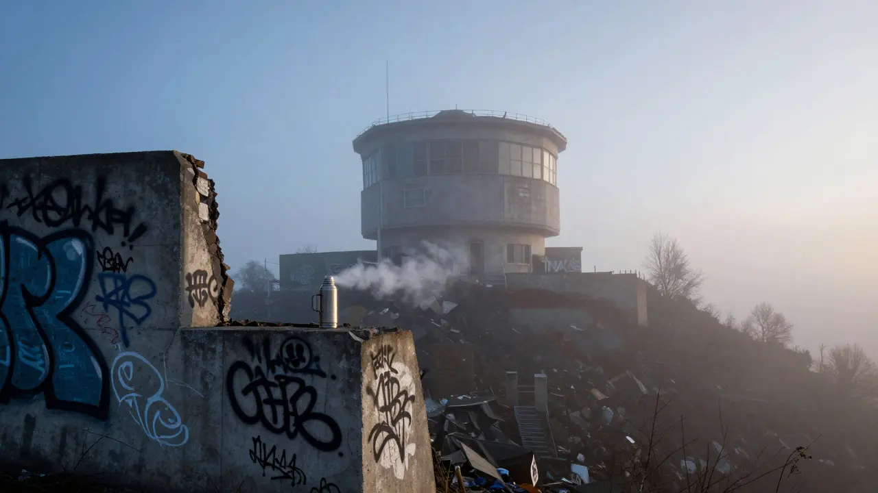 Dawn at Teufelsberg, fog drifting over murals on an abandoned Cold War structure.