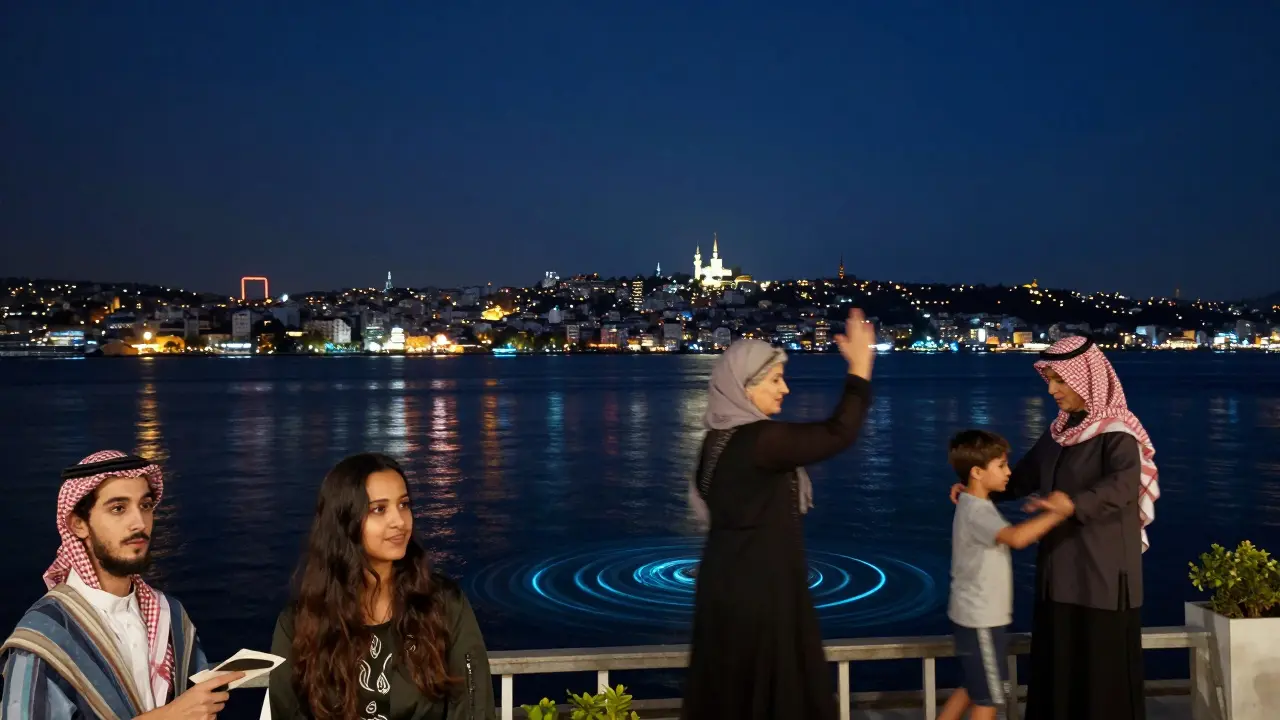 Diverse patrons dancing on Reina's Bosphorus terrace under city lights, with reflections shimmering on the water below.