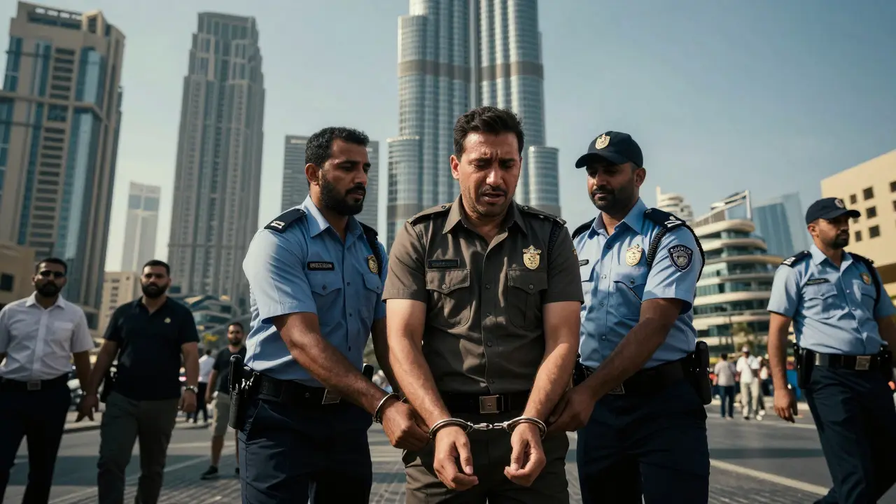 Dubai Police arresting tourist on street with Burj Khalifa in background.