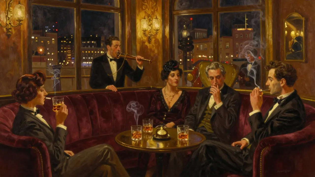 Elegant bar in Nişantaşı with jazz musicians and patrons sipping whiskey by window lights.