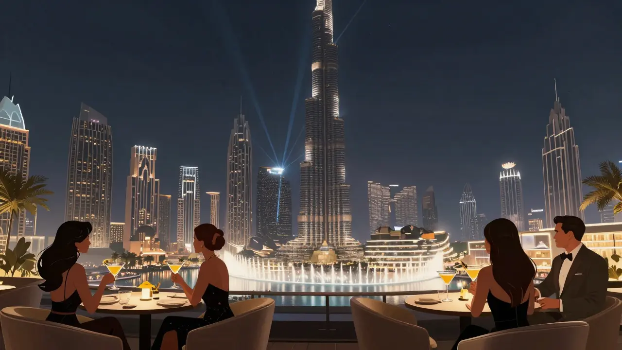 Elegant guests at a rooftop bar overlooking the Burj Khalifa and dancing fountain under starry skies.