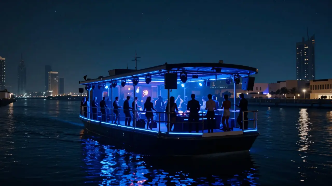Floating nightclub Skyye drifting on water at night, bathed in shifting blue lights, dancers silhouetted against ambient glow.