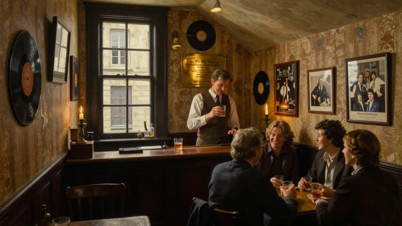 Hidden English pub under a stairwell with vintage decor, candlelight, and quiet patrons.