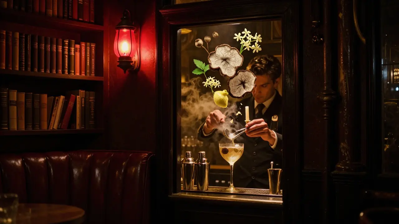 Hidden speakeasy Al Gatto Nero with a red lantern, dim interior, bartender mixing an elegant truffle-infused cocktail.