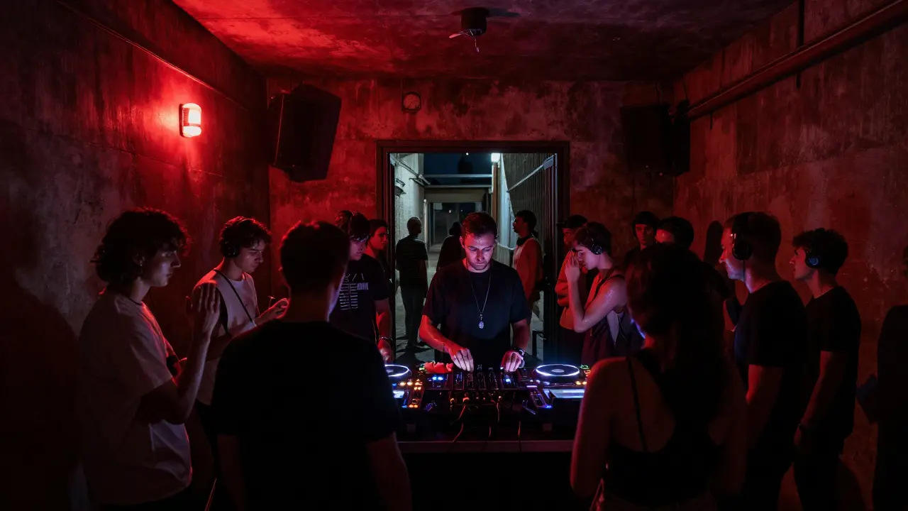 Hidden underground club Cielo with concrete walls, red lighting, and intense techno crowd in a dark, no-frills setting.
