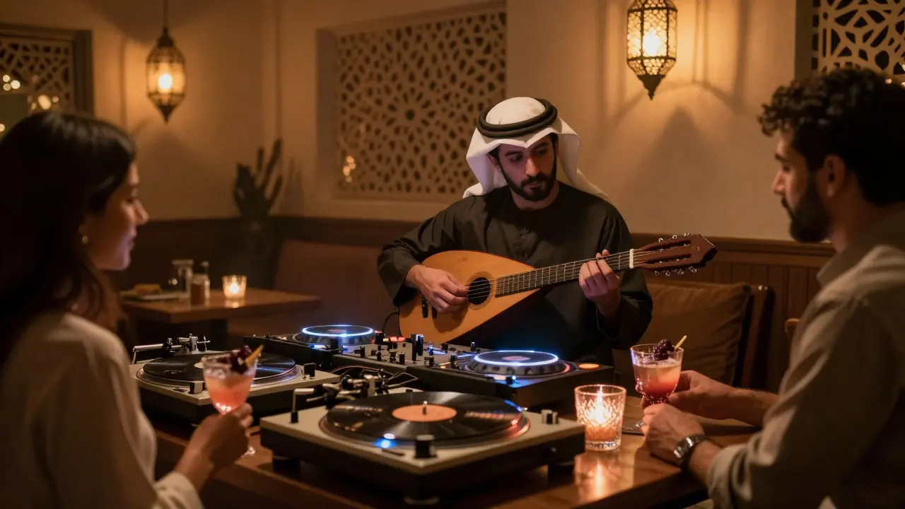 Intimate venue with vinyl turntable, Emirati DJ blending oud and house music, warm ambient lighting.