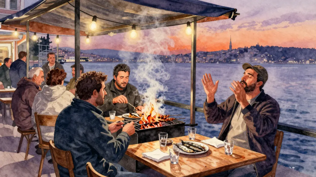 Late-night street grill in Kadıköy where people share food, drink, and song at dawn.