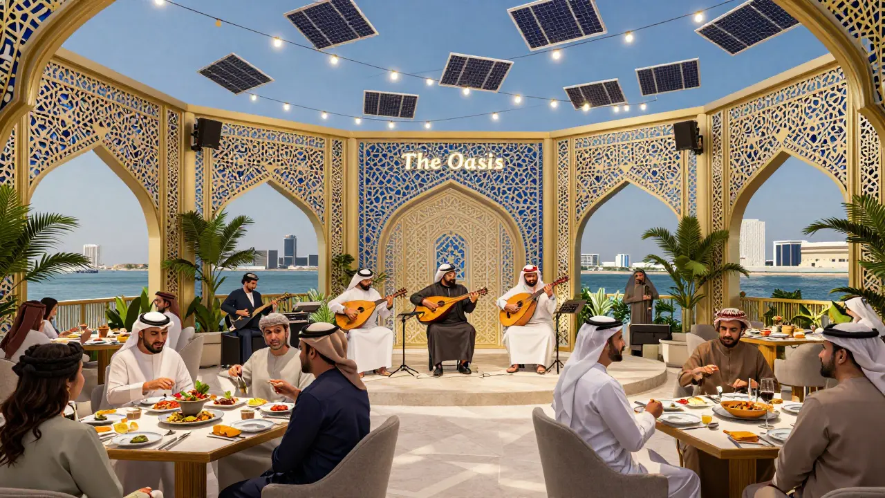 Modern Emirati venue blending tradition and sustainability with live music and solar lighting