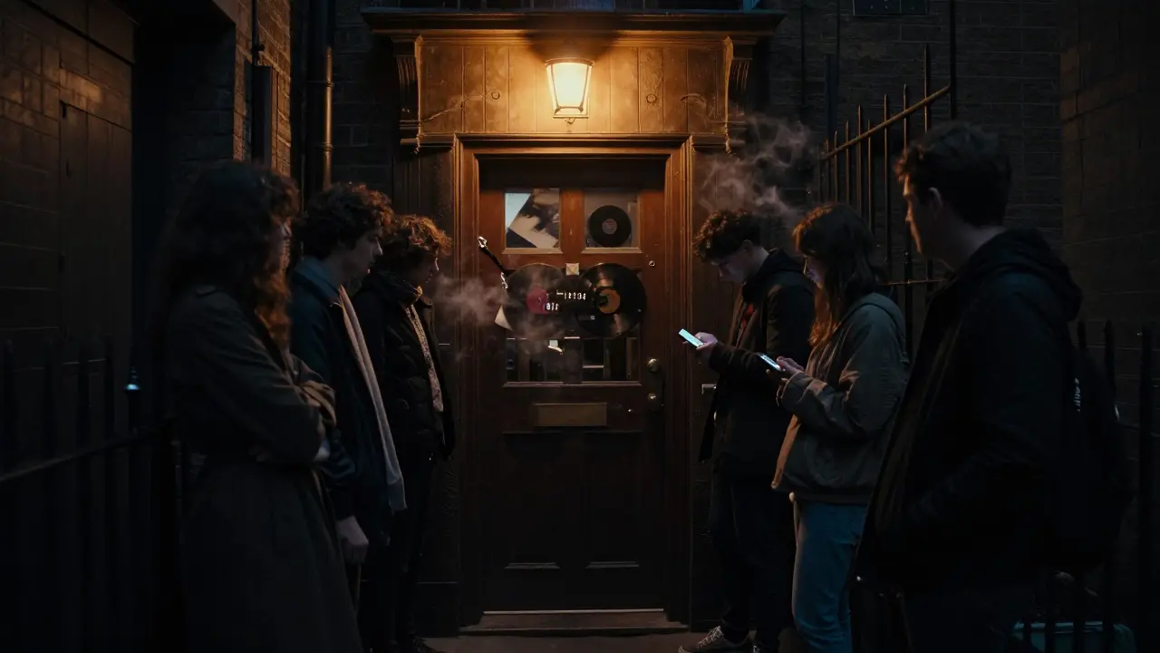 Mysterious hidden bar entrance at night with a dim light and people waiting for a code.