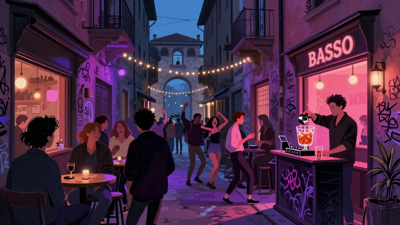 Porta Ticinese street buzzing with nightlife, neon bars, crowds dancing, a bartender pouring a classic cocktail.