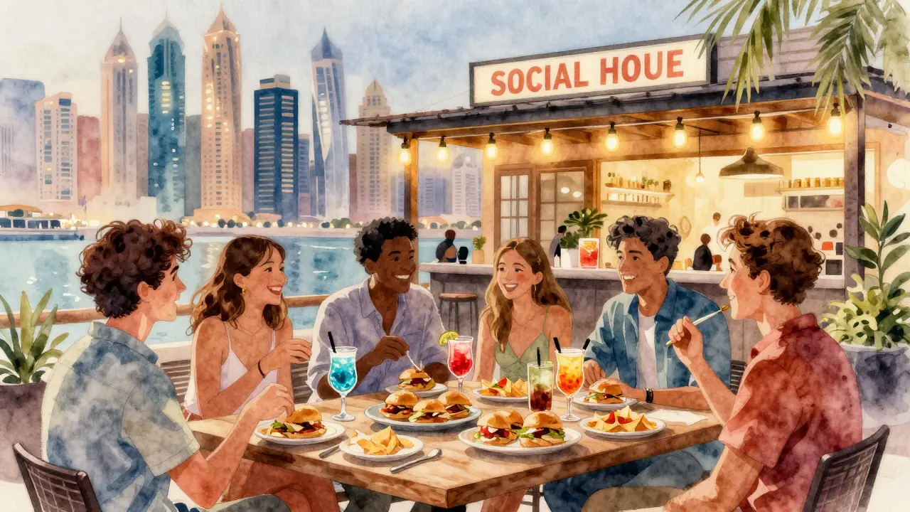 Social House group enjoying snacks and cocktails in Dubai Marina.