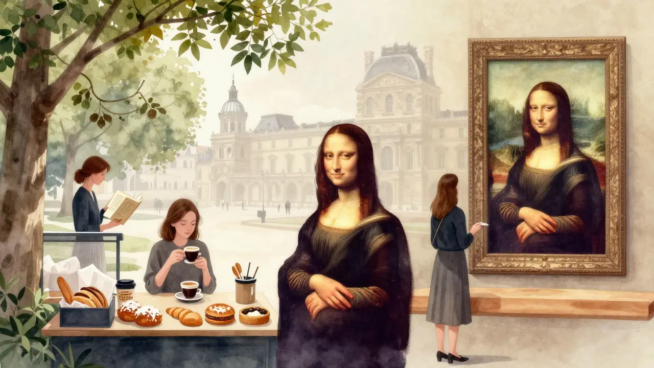 Three quiet Paris moments: reading in park, coffee at bakery, viewing Mona Lisa—symbolizing personal connection.