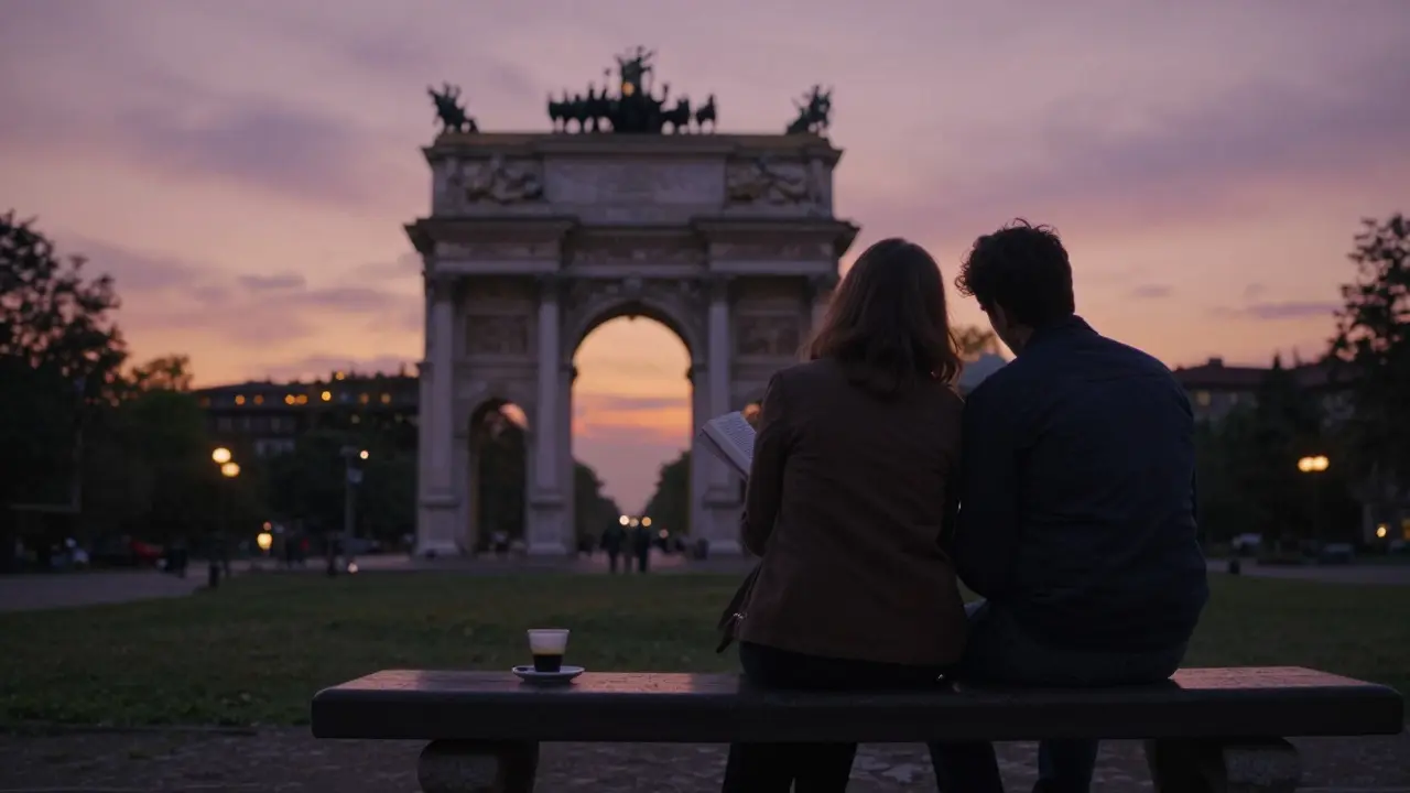 Two figures seated in silence on a bench in Parco Sempione at sunset, overlooking the Arco della Pace.