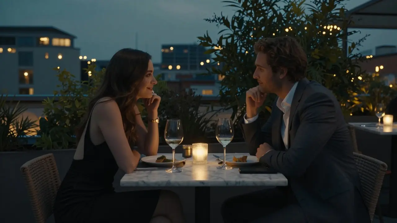 Two figures share a quiet moment at a Milan rooftop garden, bathed in soft evening light.