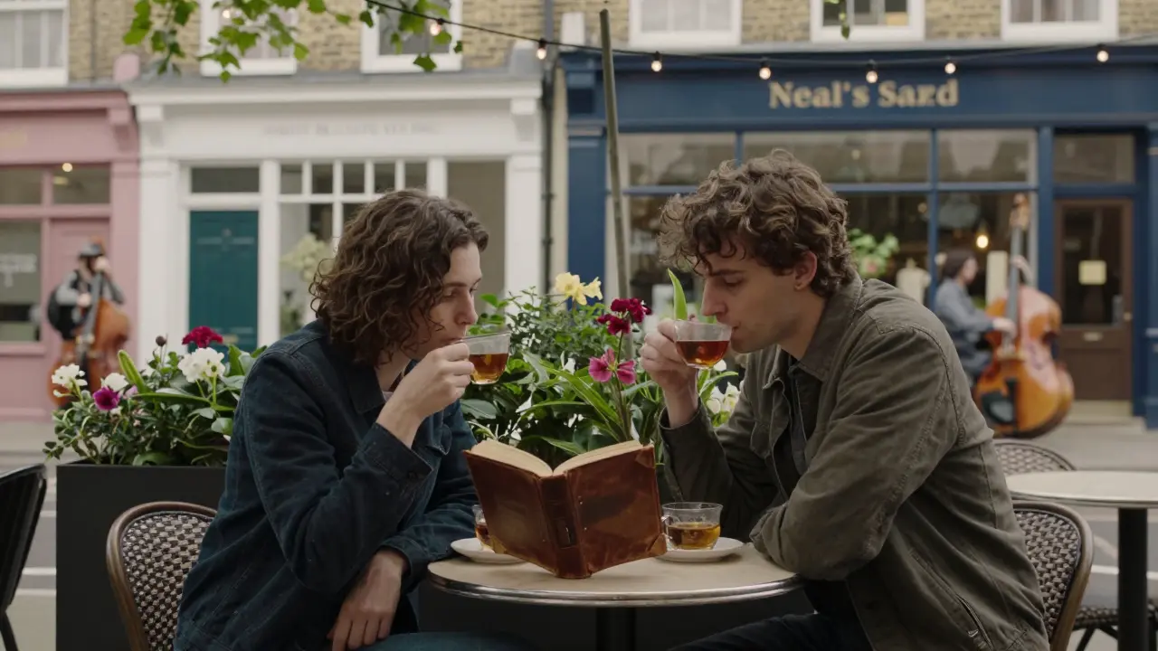 Two people sharing tea in Neal’s Yard, surrounded by greenery and soft lights in Covent Garden.